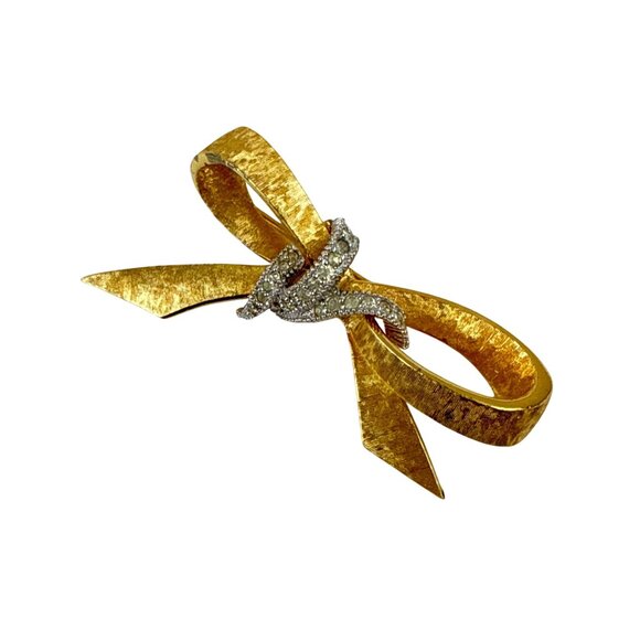 Vintage Gold Bow Brooch with Rhinestones Textured Metal Ribbon Pin - Picture 2 of 10